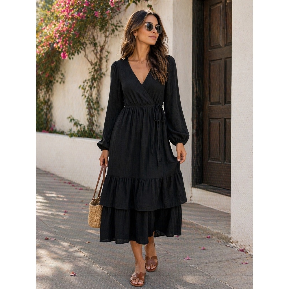 Knox Rose Wrap Dress Black V Neck Long Sleeve Ruffle Rayon Womens Size XS NWT